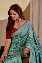 Fabrica Vibe Vichitra Bandhani Sea Green Woven Saree with Zari Embroidery