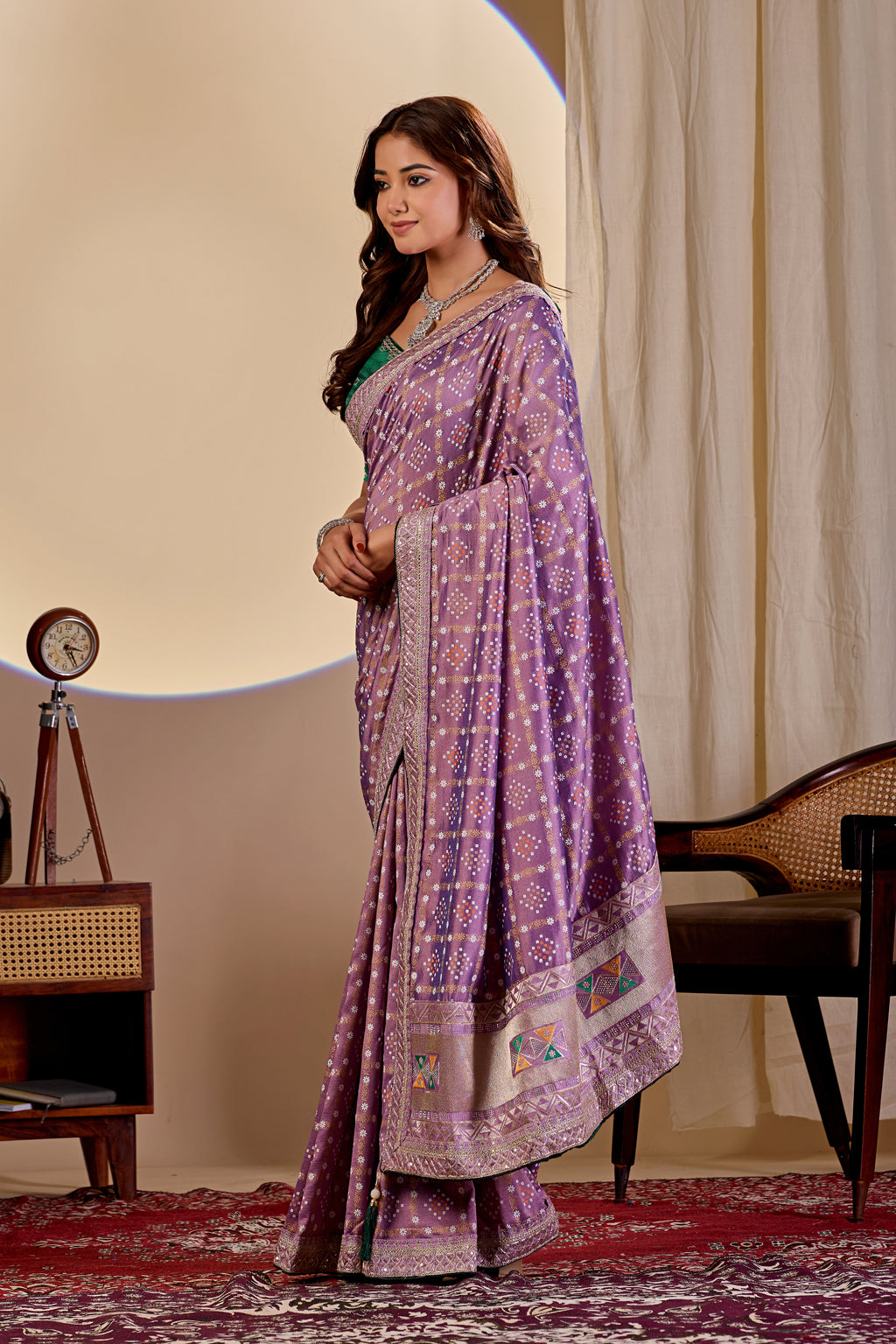 Fabrica Vibe Vichitra Purple Bandhani Woven Saree with Zari Embroidery