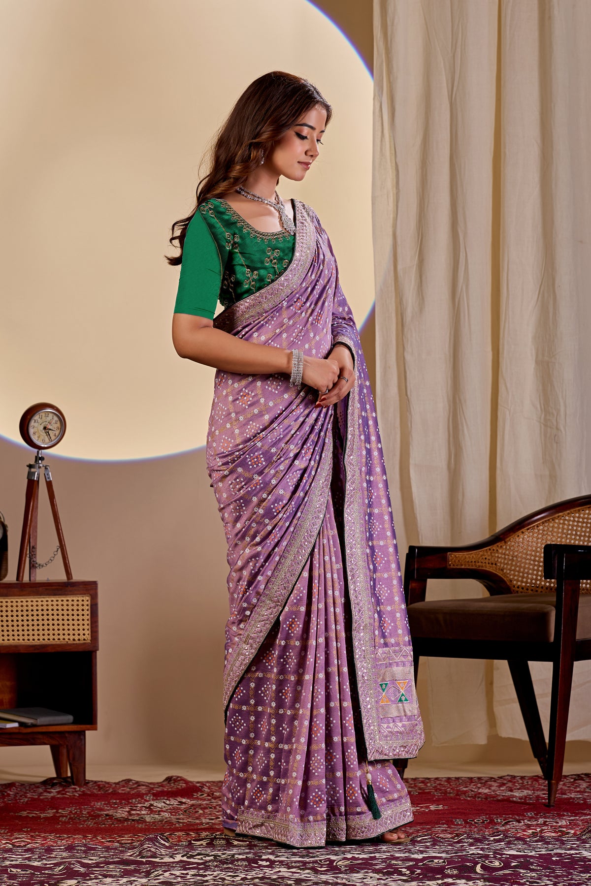 Fabrica Vibe Vichitra Purple Bandhani Woven Saree with Zari Embroidery