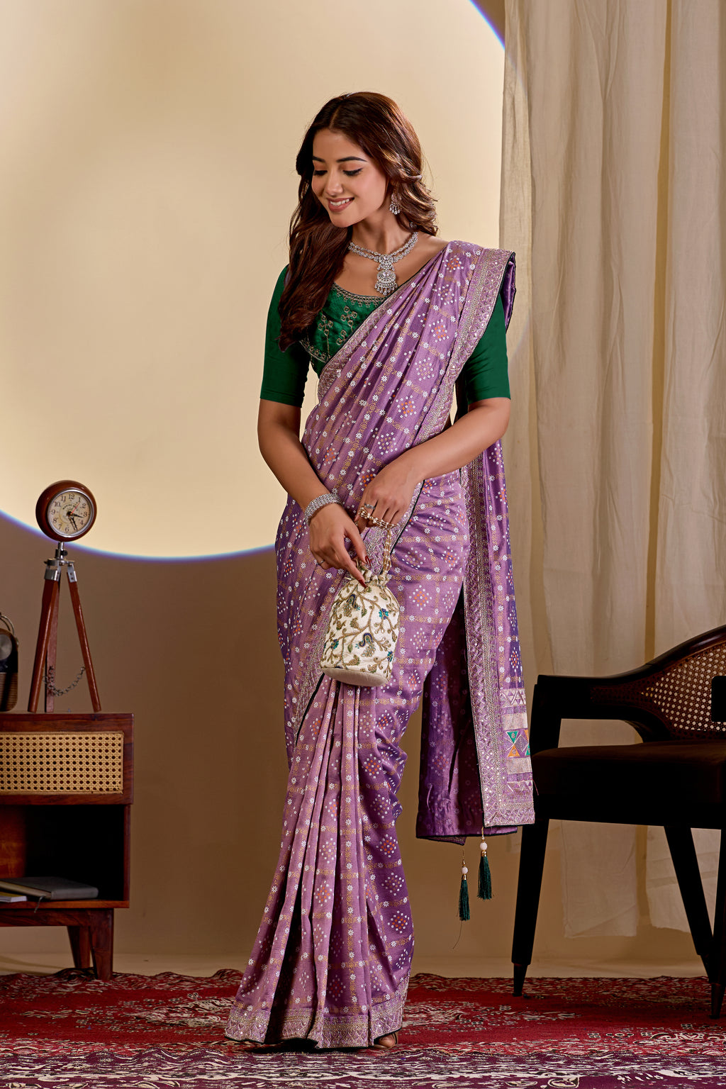 Fabrica Vibe Vichitra Purple Bandhani Woven Saree with Zari Embroidery