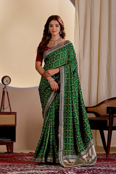 Fabrica Vibe Vichitra Green Bandhani Woven Saree with Zari Embroidery