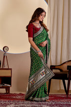 Fabrica Vibe Vichitra Green Bandhani Woven Saree with Zari Embroidery