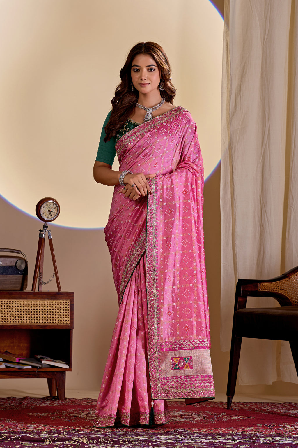 Fabrica Vibe Vichitra Pink Bandhani Woven Saree with Zari Embroidery