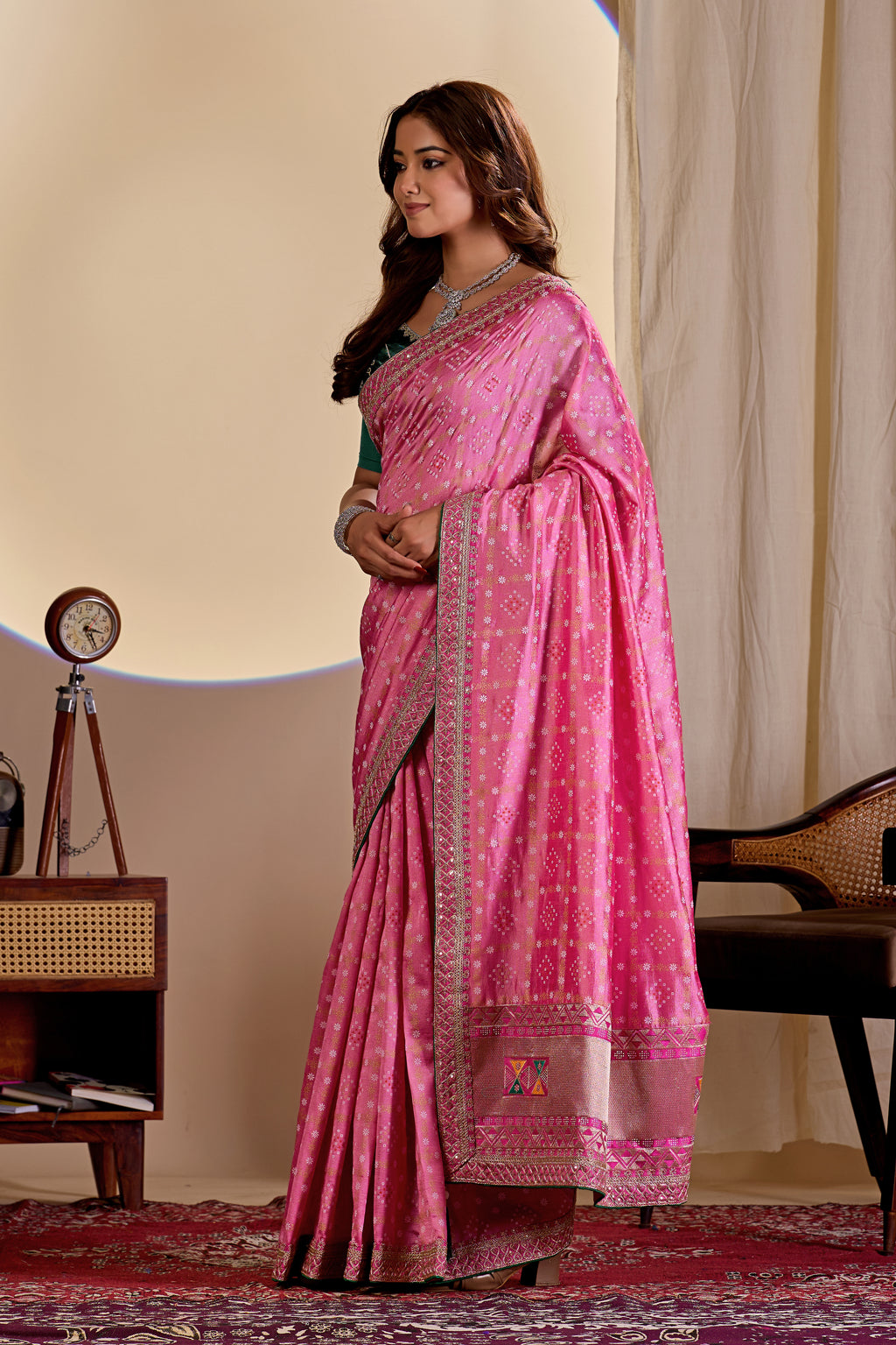 Fabrica Vibe Vichitra Pink Bandhani Woven Saree with Zari Embroidery