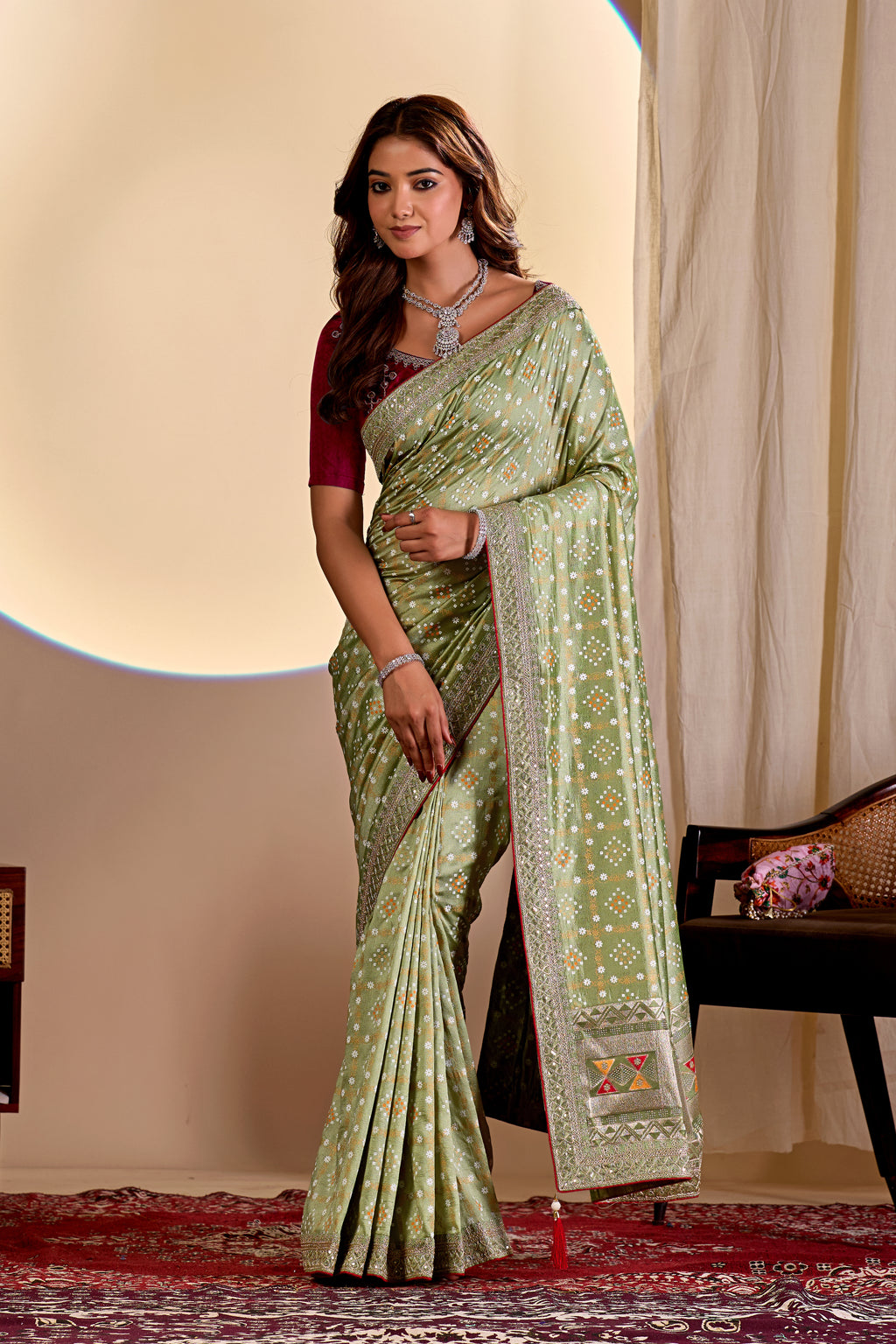 Fabrica Vibe Green Vichitra Bandhani Woven Saree with Zari Border