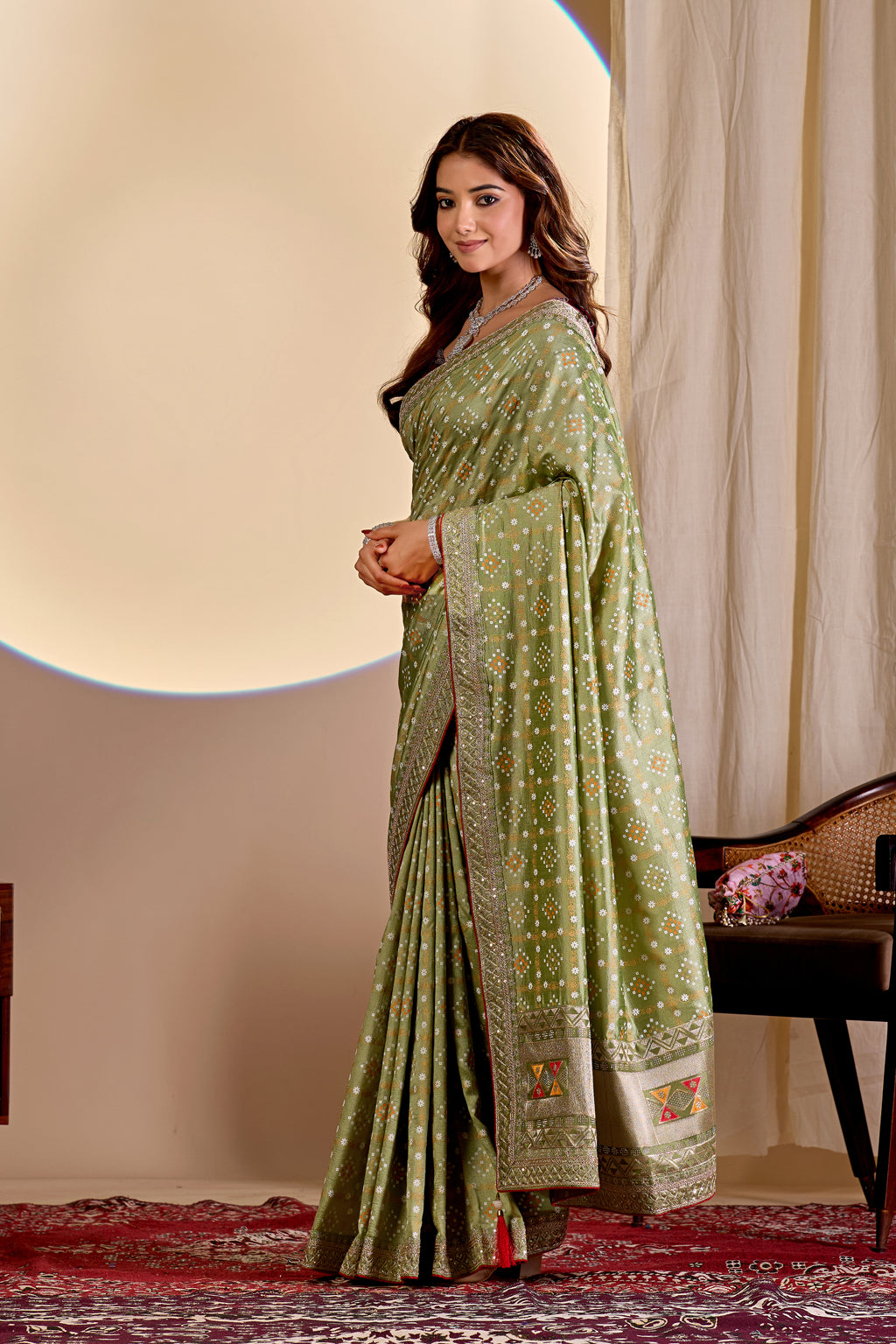 Fabrica Vibe Green Vichitra Bandhani Woven Saree with Zari Border