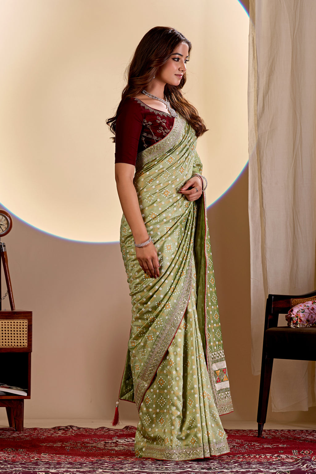 Fabrica Vibe Green Vichitra Bandhani Woven Saree with Zari Border