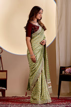 Fabrica Vibe Green Vichitra Bandhani Woven Saree with Zari Border