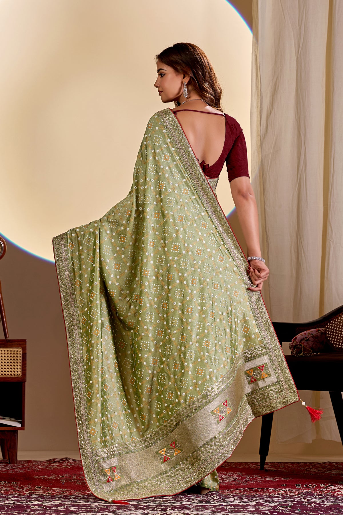 Fabrica Vibe Green Vichitra Bandhani Woven Saree with Zari Border