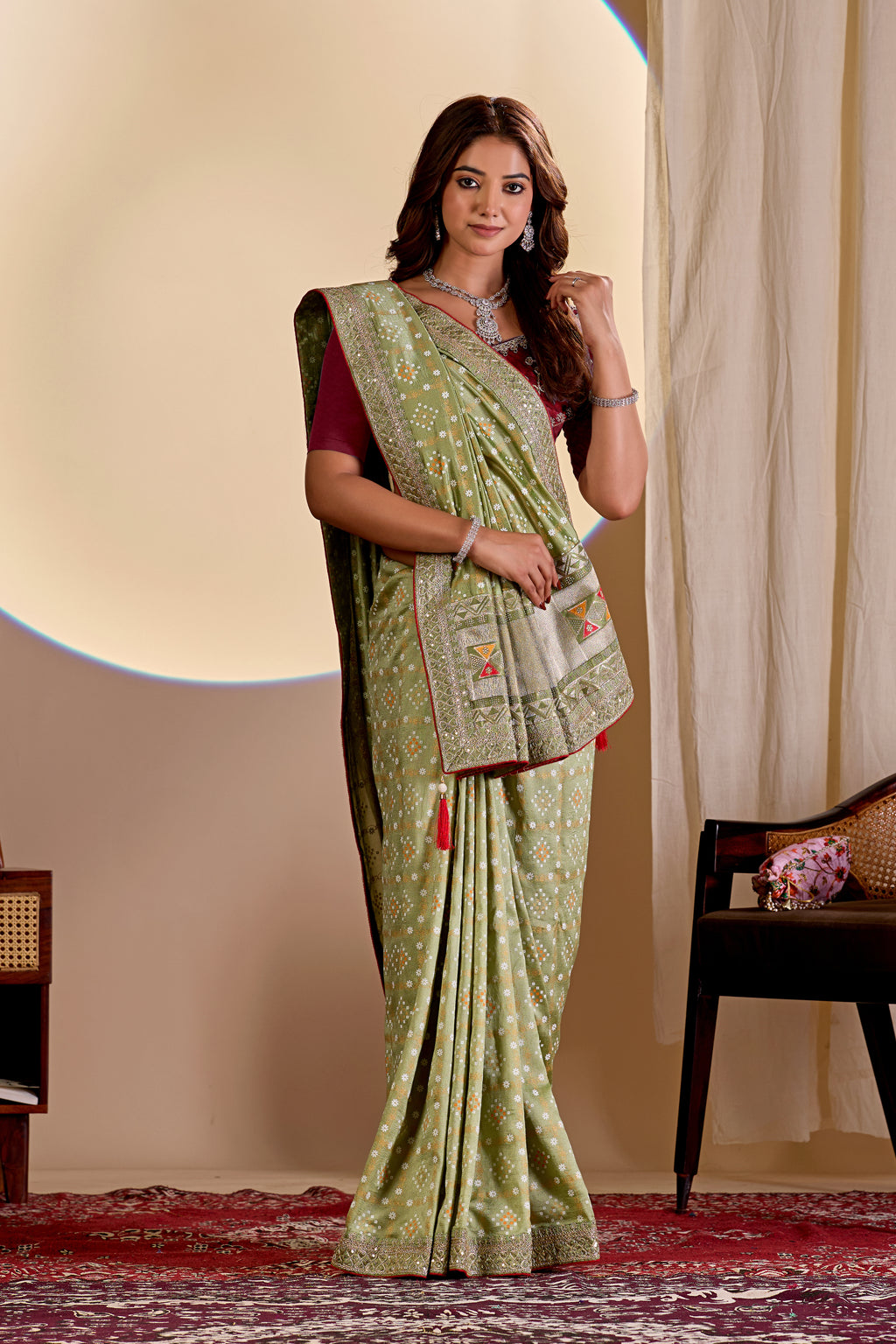 Fabrica Vibe Green Vichitra Bandhani Woven Saree with Zari Border