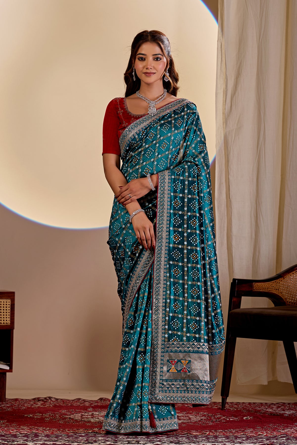 Fabrica Vibe Teal Blue Vichitra Bandhani Woven Saree with Zari Work