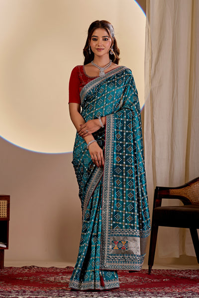 Fabrica Vibe Teal Blue Vichitra Bandhani Woven Saree with Zari Work