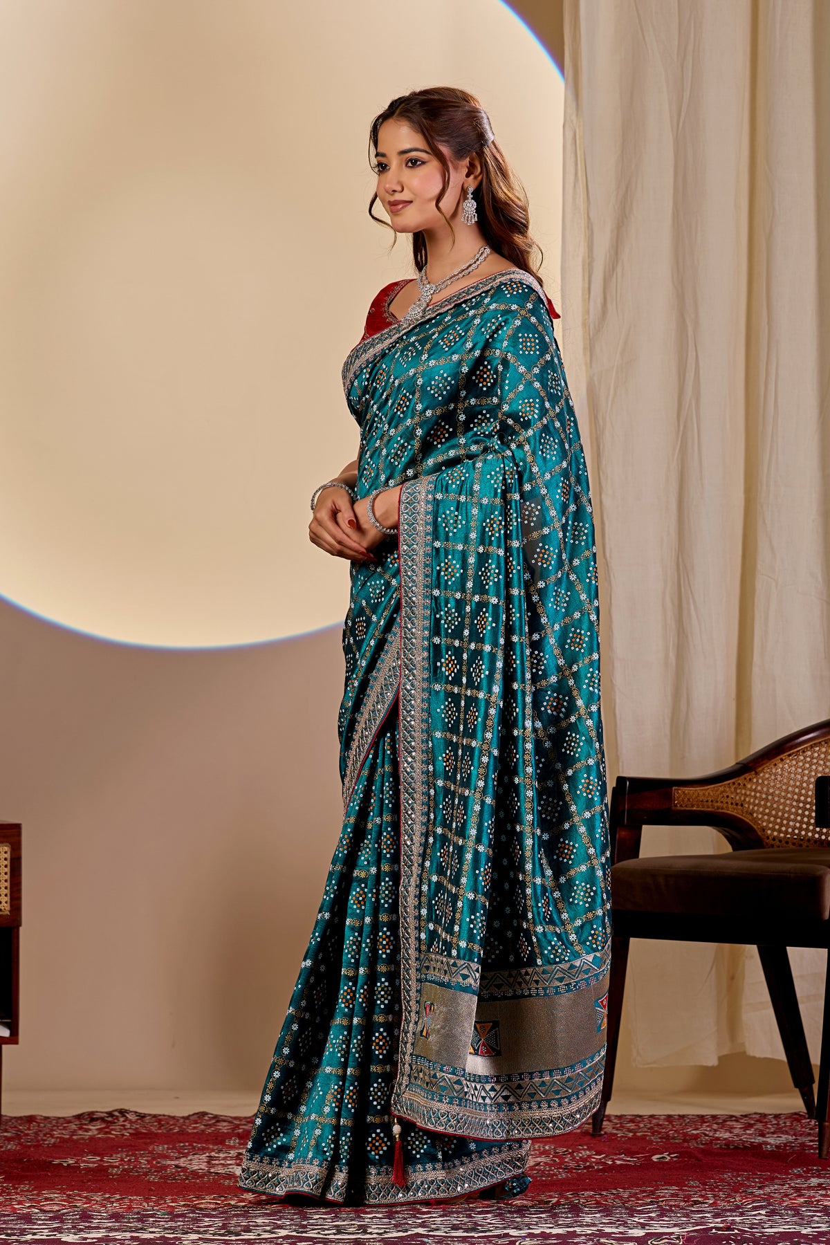 Fabrica Vibe Teal Blue Vichitra Bandhani Woven Saree with Zari Work