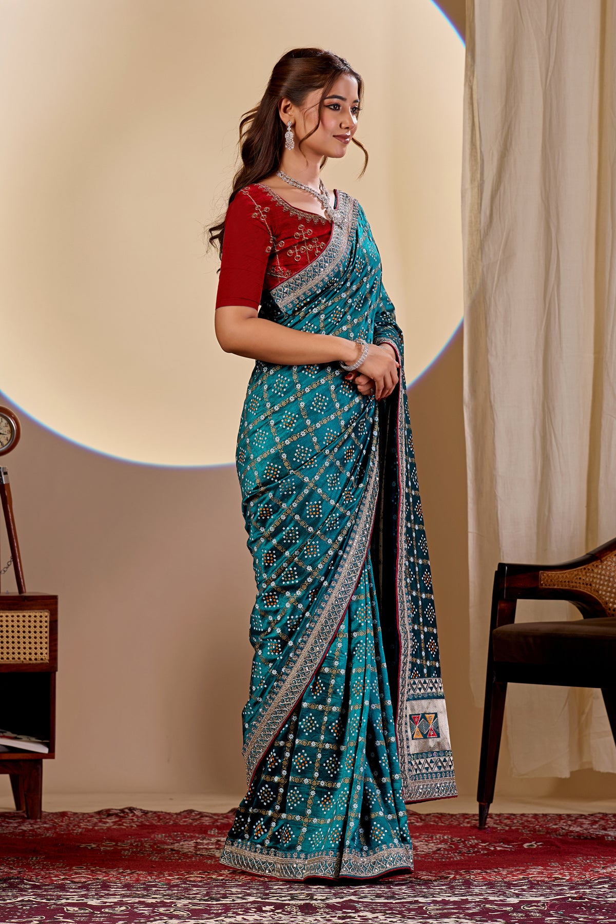 Fabrica Vibe Teal Blue Vichitra Bandhani Woven Saree with Zari Work