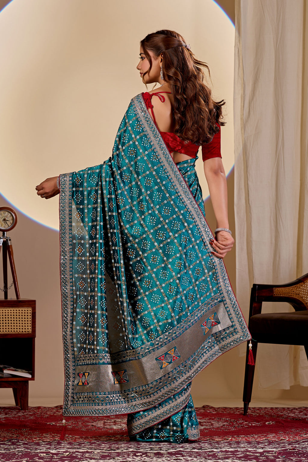 Fabrica Vibe Teal Blue Vichitra Bandhani Woven Saree with Zari Work
