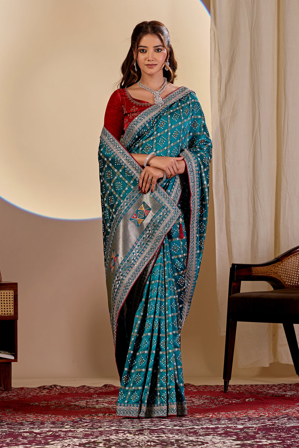 Fabrica Vibe Teal Blue Vichitra Bandhani Woven Saree with Zari Work