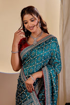 Fabrica Vibe Teal Blue Vichitra Bandhani Woven Saree with Zari Work