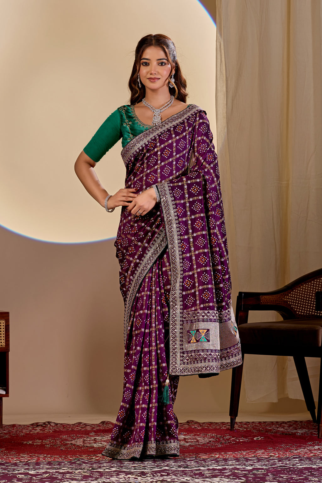 Fabrica Vibe Wine Purple Vichitra Bandhani Woven Saree with Zari Work