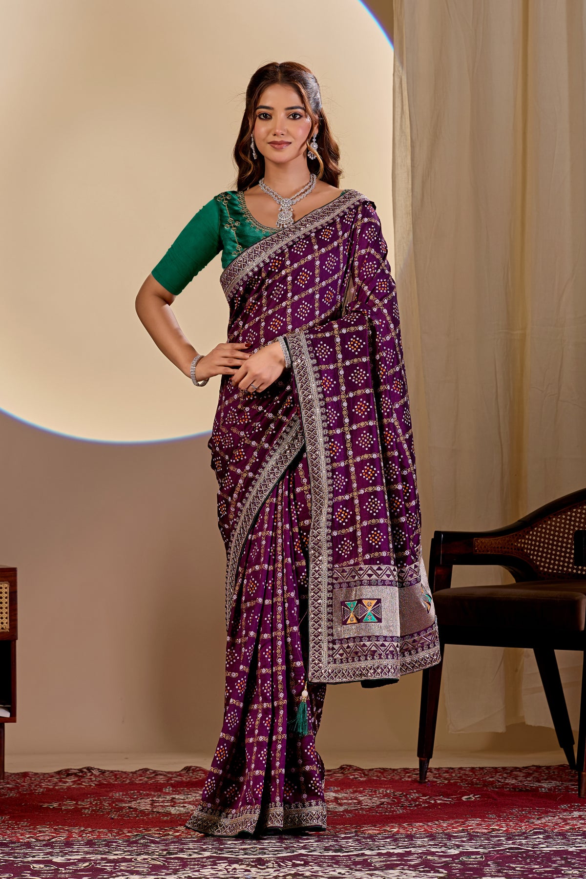 Fabrica Vibe Wine Purple Vichitra Bandhani Woven Saree with Zari Work