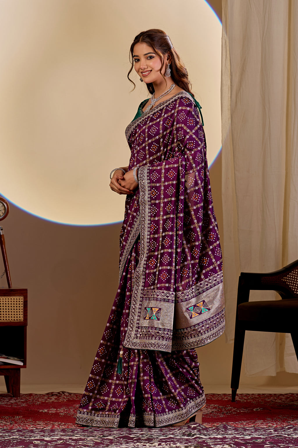 Fabrica Vibe Wine Purple Vichitra Bandhani Woven Saree with Zari Work