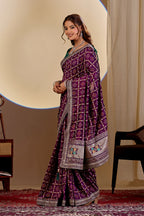 Fabrica Vibe Wine Purple Vichitra Bandhani Woven Saree with Zari Work