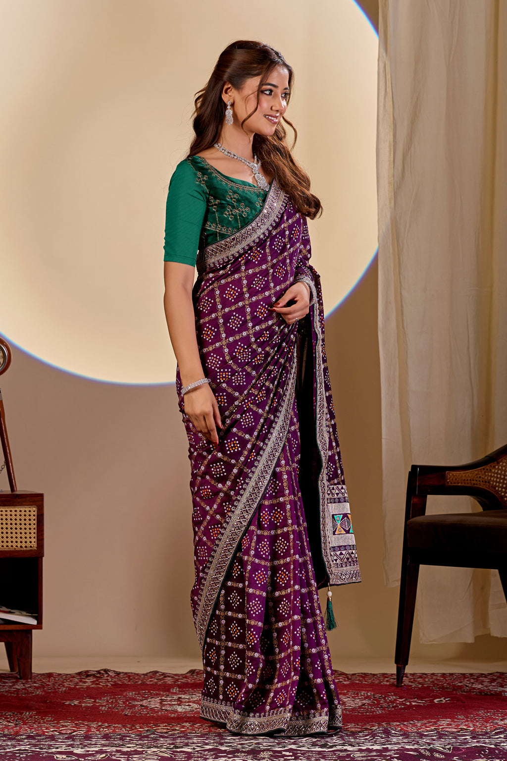 Fabrica Vibe Wine Purple Vichitra Bandhani Woven Saree with Zari Work