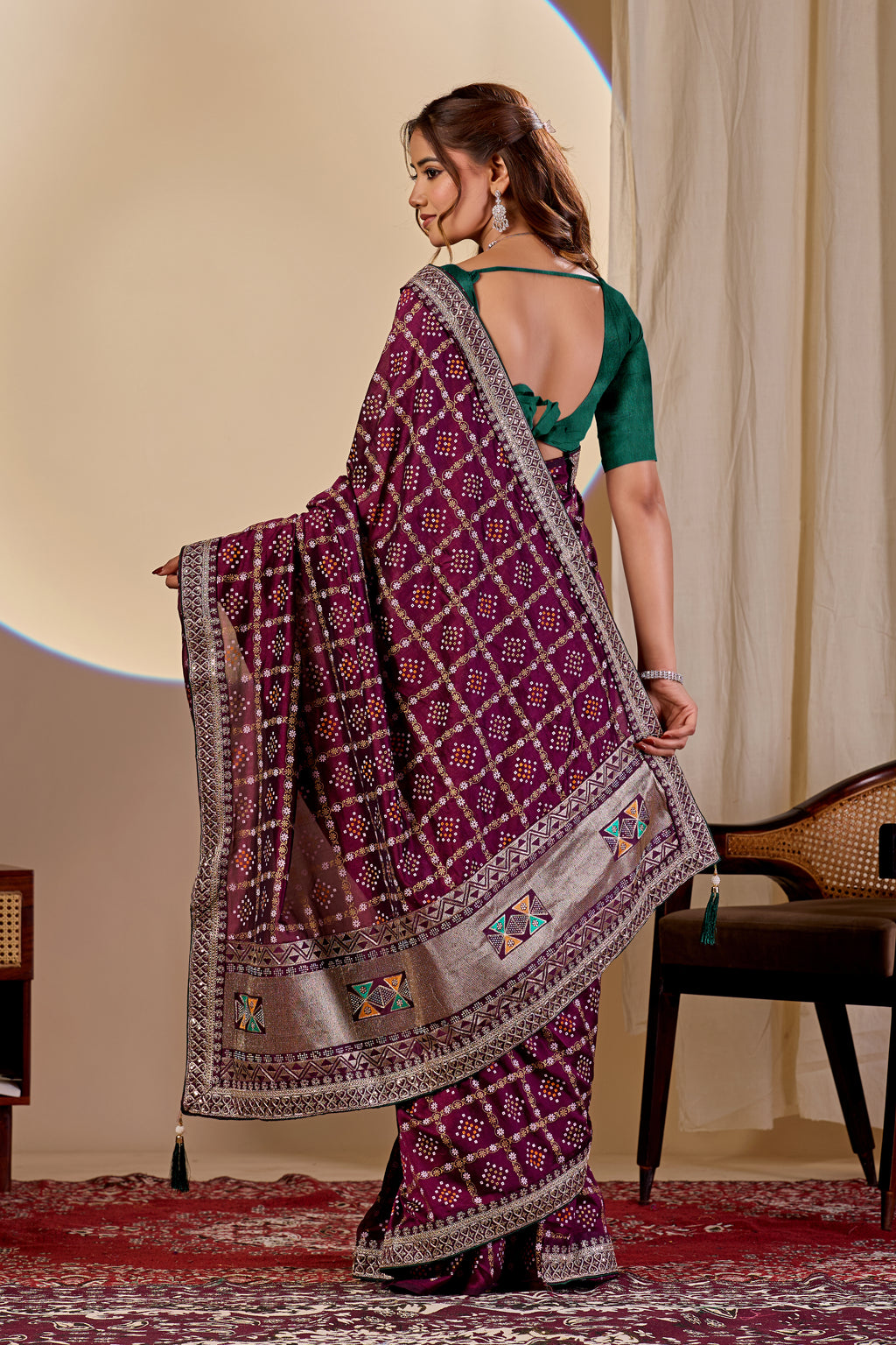 Fabrica Vibe Wine Purple Vichitra Bandhani Woven Saree with Zari Work