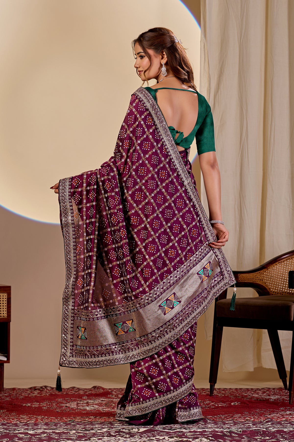 Fabrica Vibe Wine Purple Vichitra Bandhani Woven Saree with Zari Work
