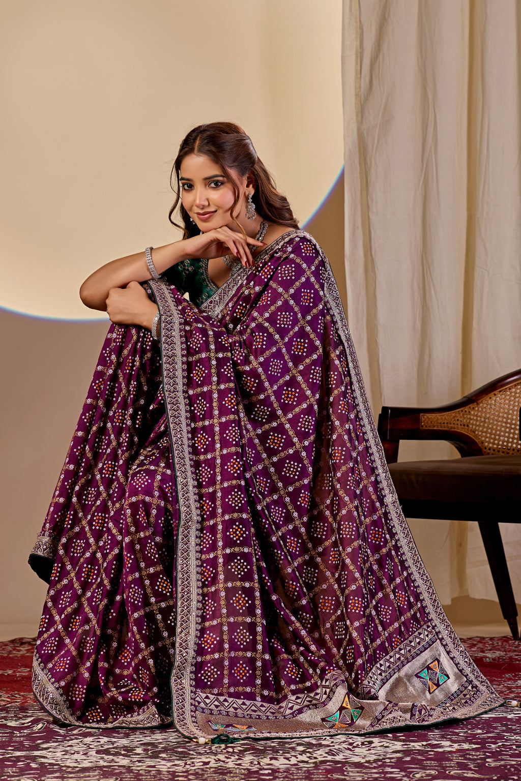 Fabrica Vibe Wine Purple Vichitra Bandhani Woven Saree with Zari Work