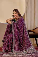 Fabrica Vibe Wine Purple Vichitra Bandhani Woven Saree with Zari Work