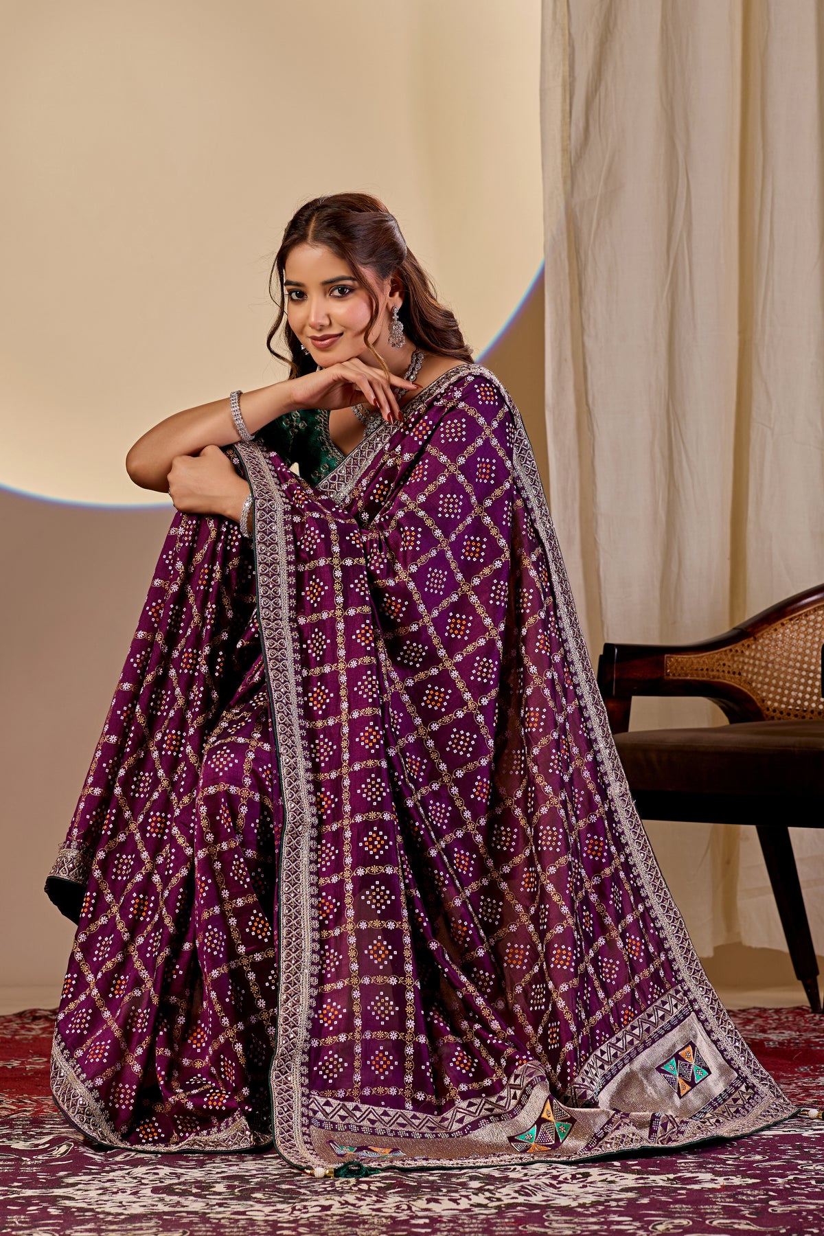 Fabrica Vibe Wine Purple Vichitra Bandhani Woven Saree with Zari Work