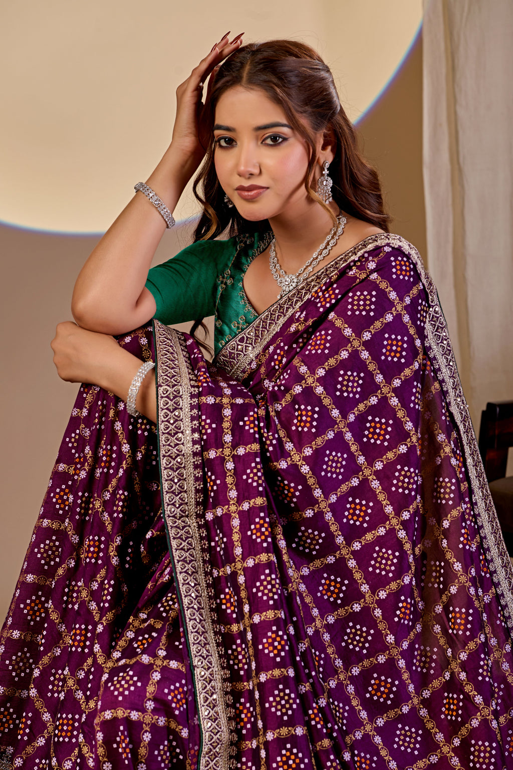 Fabrica Vibe Wine Purple Vichitra Bandhani Woven Saree with Zari Work