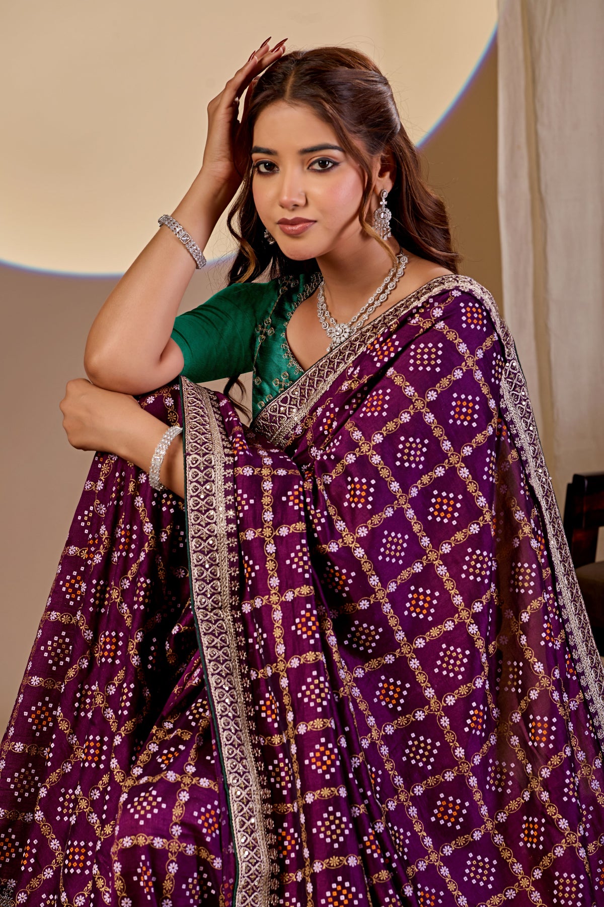 Fabrica Vibe Wine Purple Vichitra Bandhani Woven Saree with Zari Work