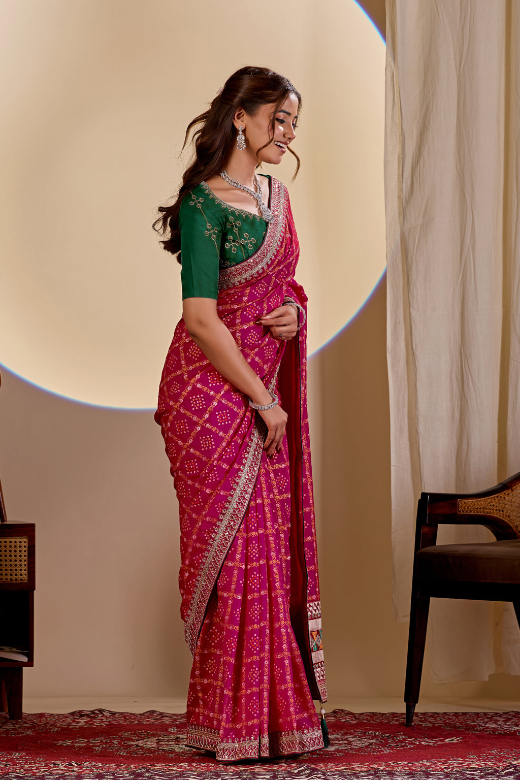 Fabrica Vibe Rani Pink Vichitra Bandhani Designer Saree with Zari Work