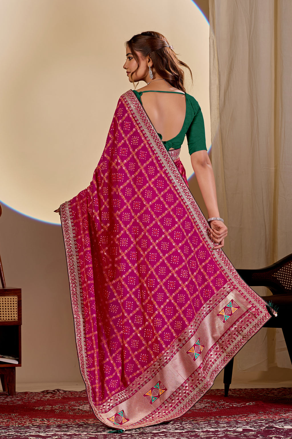 Fabrica Vibe Rani Pink Vichitra Bandhani Designer Saree with Zari Work