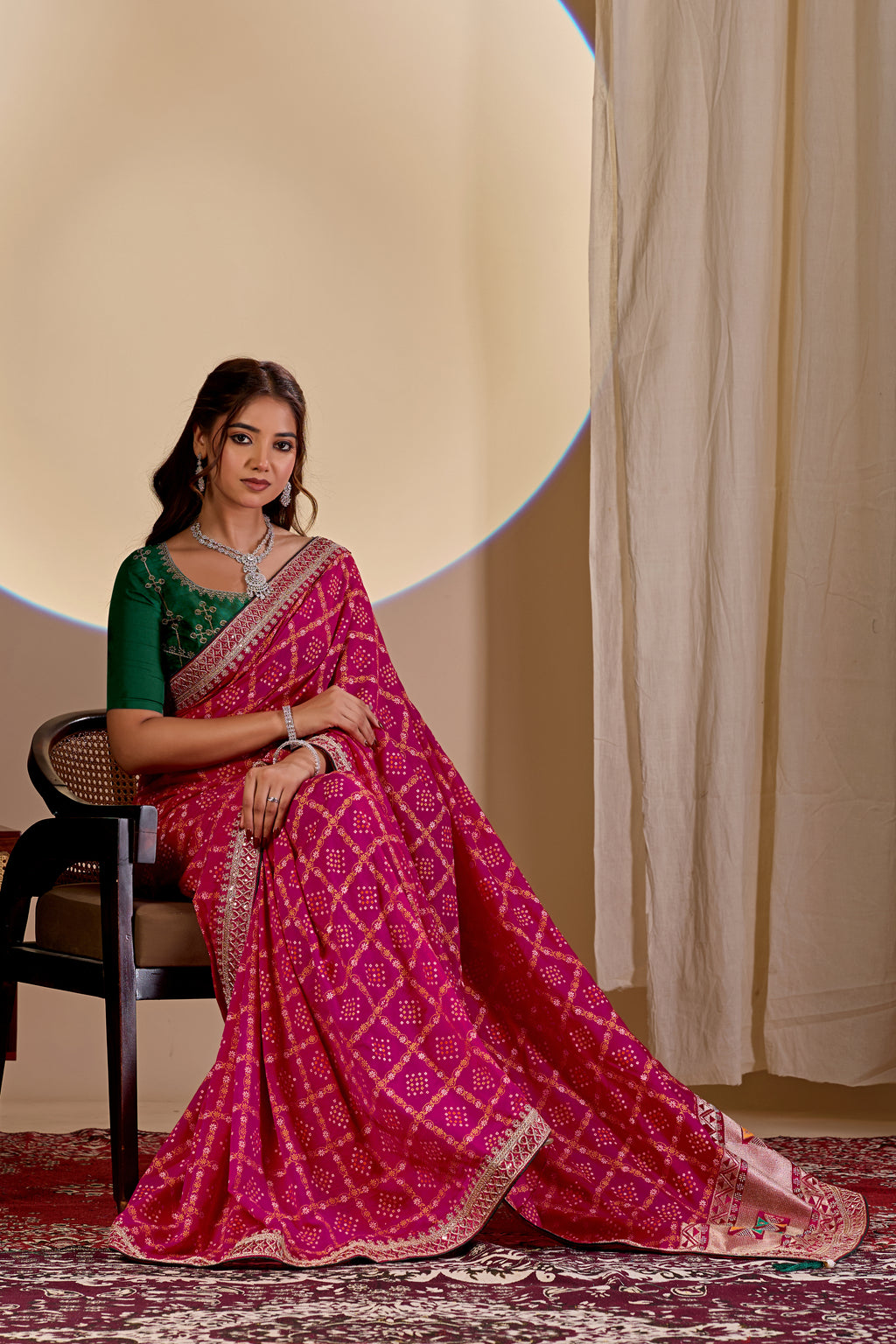 Fabrica Vibe Rani Pink Vichitra Bandhani Designer Saree with Zari Work