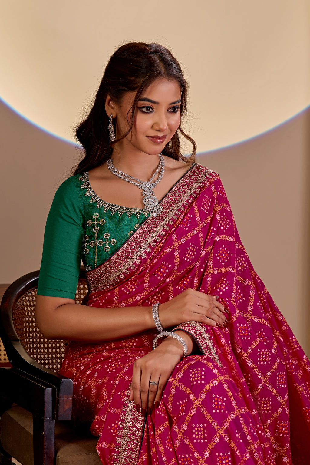 Fabrica Vibe Rani Pink Vichitra Bandhani Designer Saree with Zari Work