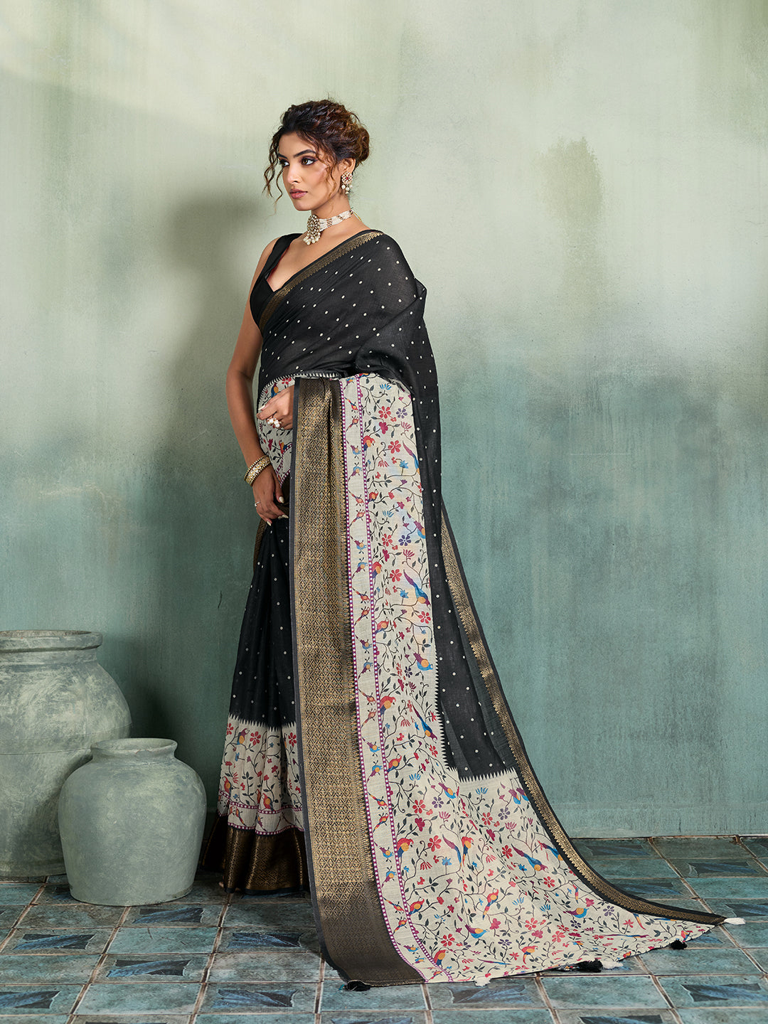 Fabrica Vibe Black & Multicolor Handwoven Linen Saree with Floral & Bird Motifs