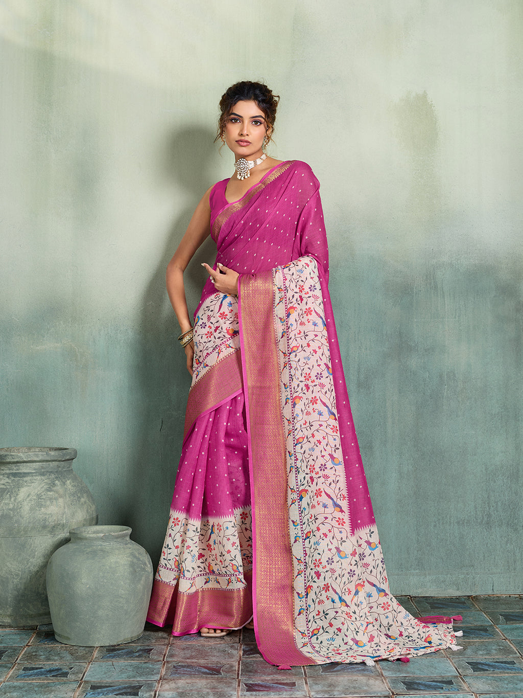 Fabrica Vibe Pink Linen Handwoven Saree with Floral Bird Print & Woven Border