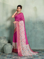 Fabrica Vibe Pink Linen Handwoven Saree with Floral Bird Print & Woven Border