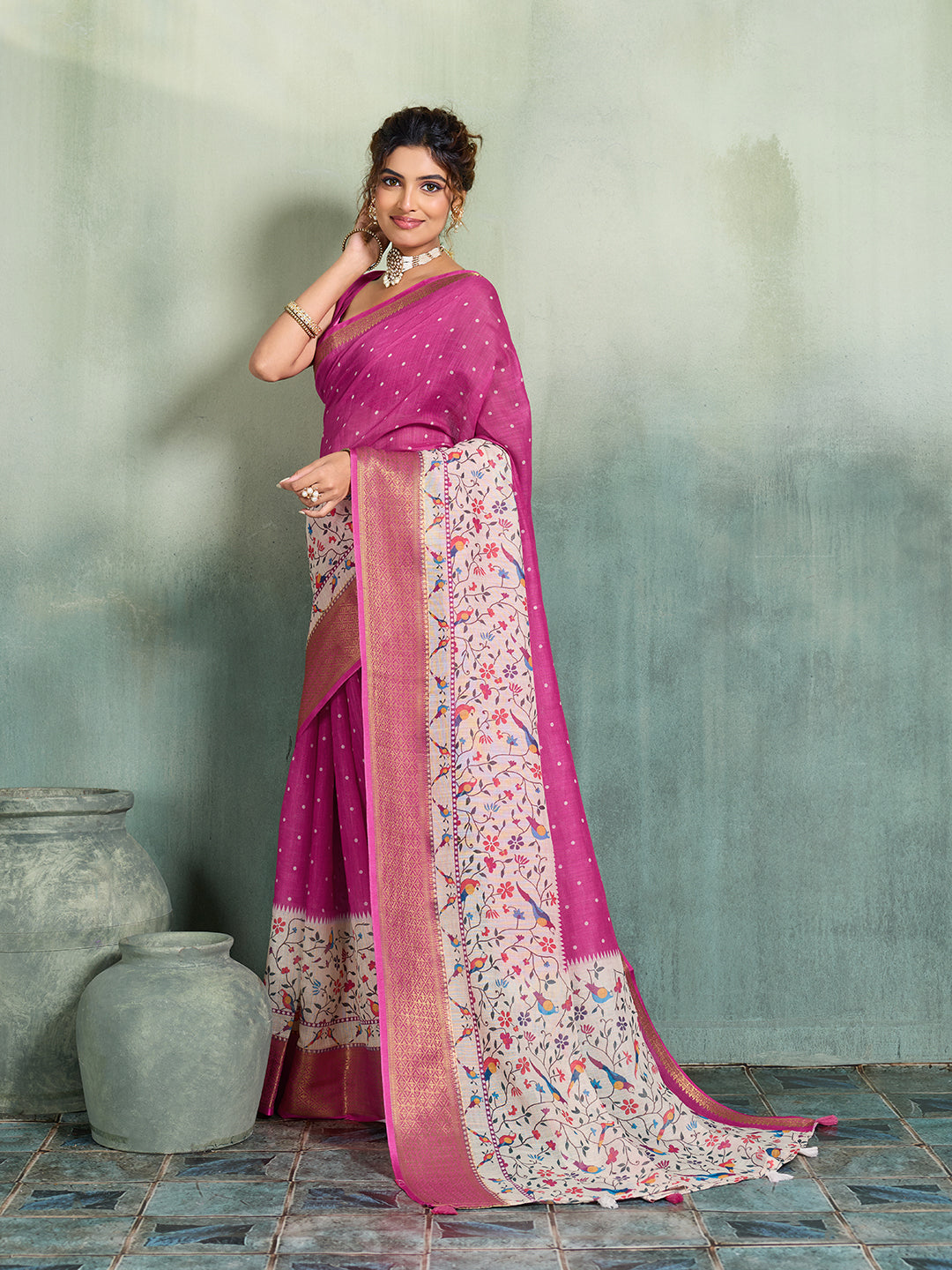 Fabrica Vibe Pink Linen Handwoven Saree with Floral Bird Print & Woven Border