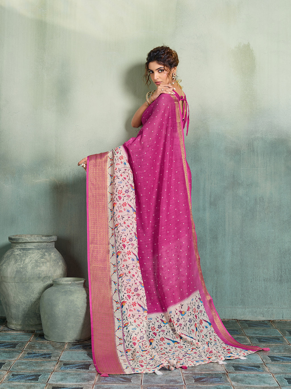 Fabrica Vibe Pink Linen Handwoven Saree with Floral Bird Print & Woven Border