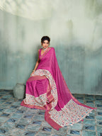 Fabrica Vibe Pink Linen Handwoven Saree with Floral Bird Print & Woven Border