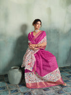 Fabrica Vibe Pink Linen Handwoven Saree with Floral Bird Print & Woven Border