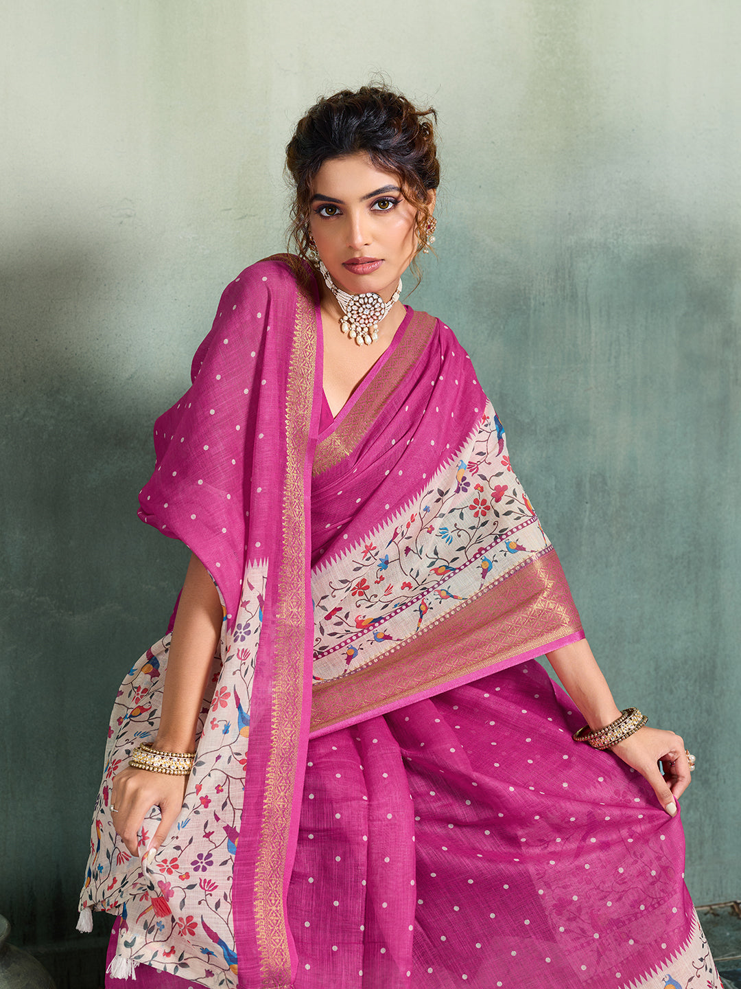 Fabrica Vibe Pink Linen Handwoven Saree with Floral Bird Print & Woven Border