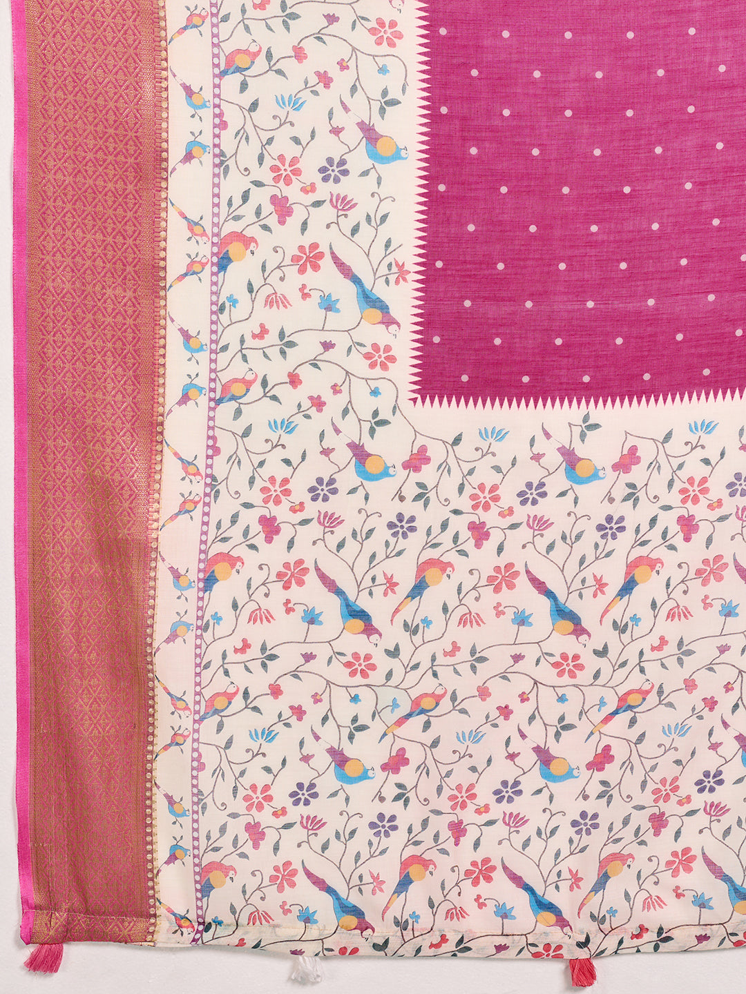 Fabrica Vibe Pink Linen Handwoven Saree with Floral Bird Print & Woven Border