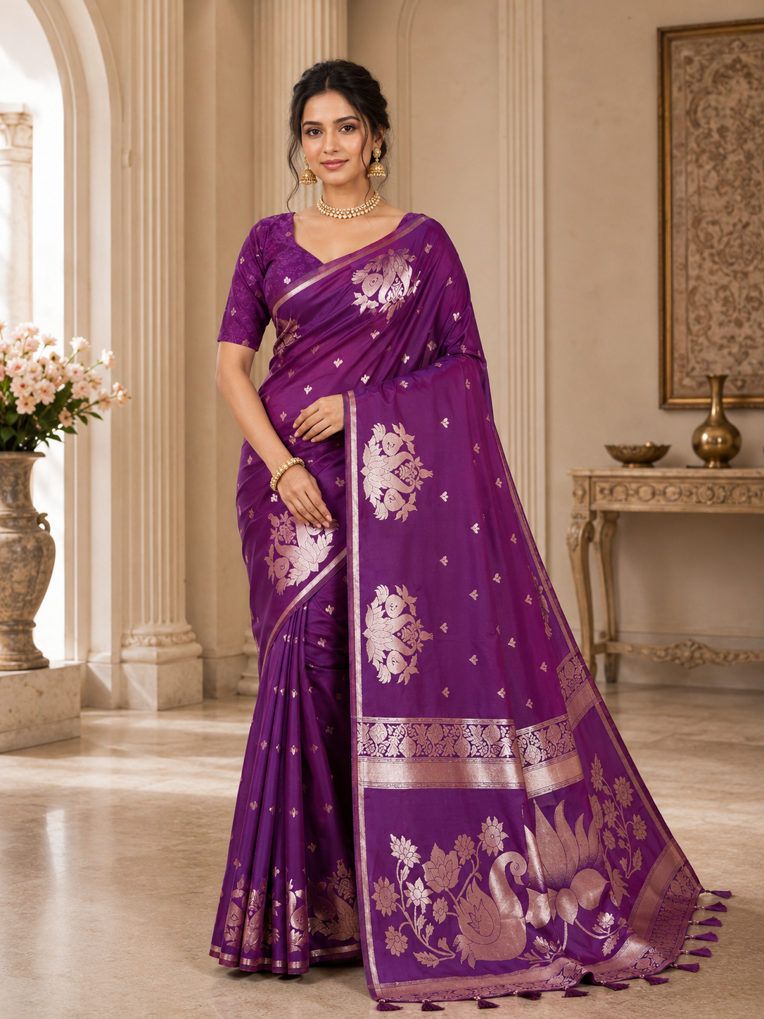 Fabrica Vibe Royal Purple Banarasi Inspired Silk Blend Saree with Swan & Lotus Zari Weaving