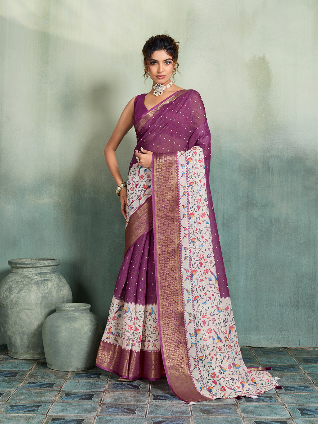 Fabrica Vibe Plum Purple Linen Handwoven Saree with Floral Bird Print & Woven Border