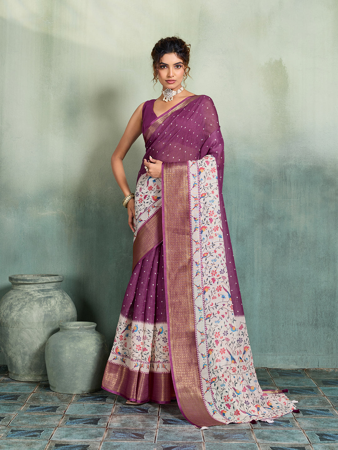 Fabrica Vibe Plum Purple Linen Handwoven Saree with Floral Bird Print & Woven Border