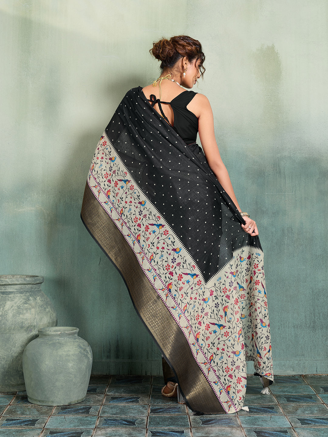 Fabrica Vibe Black & Multicolor Handwoven Linen Saree with Floral & Bird Motifs